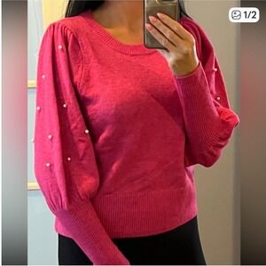 CeCe Hot Pink Pearl‎ Embellished Puff Sleeve Crew Neck Sweater NWT Large